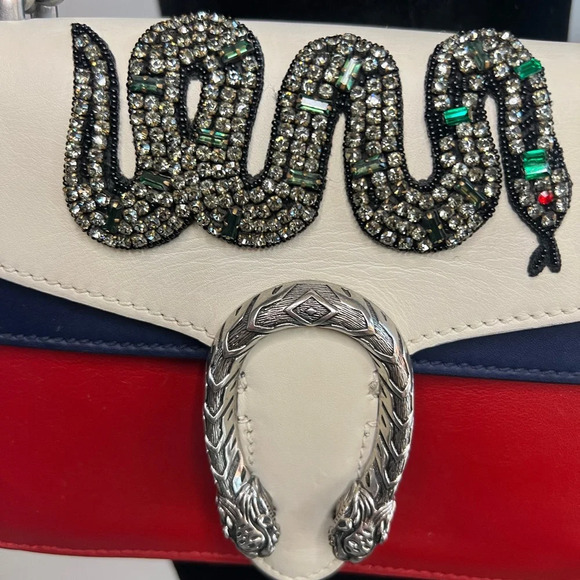 GUCCI Calfskin Crystal Snake Embroidered Dionysus Shoulder Bag White Red Blue - Picture 7 of 16